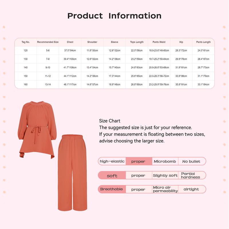 Sholeno Kids Girls Casual Muslim Outfit Round Neck Long Sleeve Loose Ruffled Top with Wide-Leg Pants Belt 8