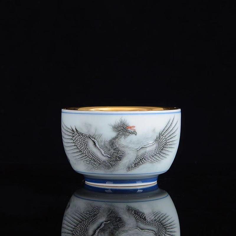 Product Introduction of 24K Gold Silk Dragon and Phoenix Jianzhan Master Cup Tea Cup White Jade Gilding Tea Cup Porcelain Kung Fu Tea Set Single Cup 24
