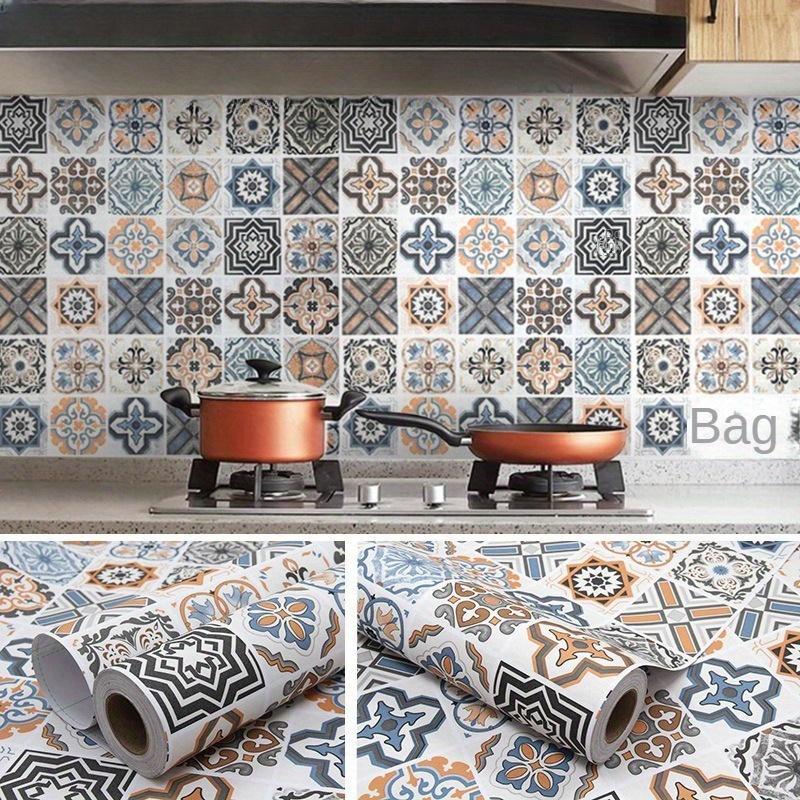 Geometric Pattern Kitchen Tile Sticker, 1 Roll Waterproof Decorative Wall Sticker, Self Adhesive Wallpaper for Home Kitchen Decor 2