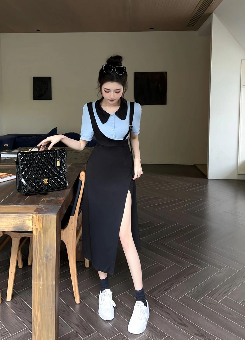 Product Introduction of 2024 Summer New Fashion Simple plus Size Women's Clothing Slim Fake Two Pieces Dress Short Sleeve Mid-Length Black Dress Casual Womenswear 7