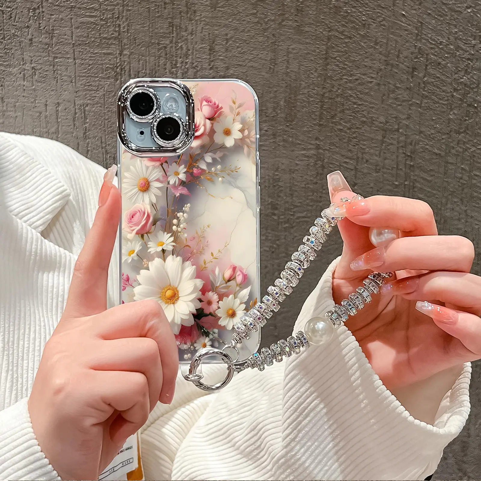 Flower Pattern Phone Case with Chain, Decorative Phone Protective Cover, Shockproof Phone Cases Compatible with iPhone 11 12 13 14 15 16 Pro Max