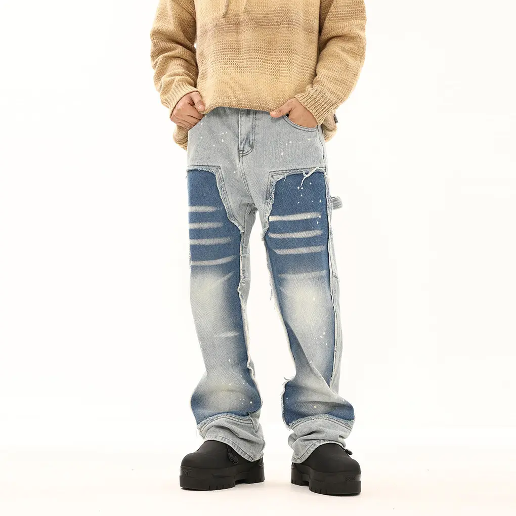 2024 New American Streetwear Washed Distressed Jeans Men's Fashion | Two-Tone Patchwork Loose Straight Cut | Trendy Hip-Hop Denim Pants