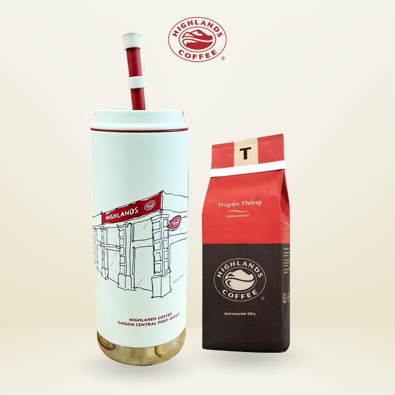 COMBO LY GIỮ NHIỆT BƯU ĐIỆN HIGHLANDS COFFEE 600ML VÀ CÀ PHÊ RANG XAY ĐẬM VỊ TRUYỀN THỐNG 200GR