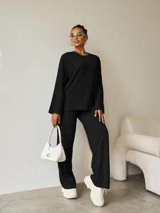 Leisure Pinstripe Crew Neck Long Sleeve Pullover & Wide Leg Trousers Co-ord