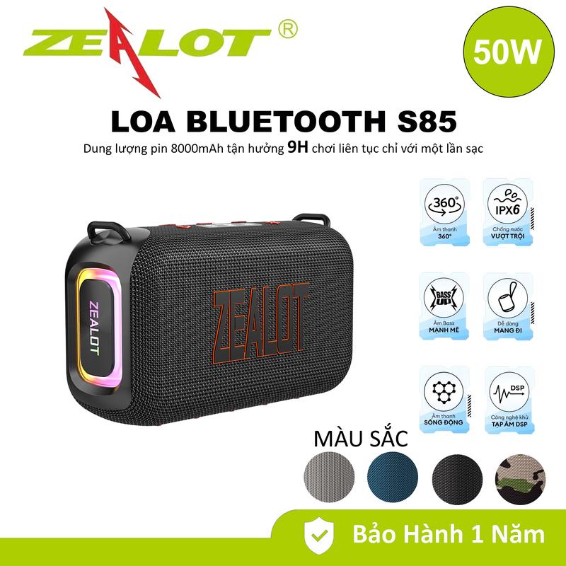 Loa Bluetooth  ZEALOT S85 công suất 50W, pin 8000mAh, với màng ngăn kép Loa bass mạnh, có dây đeo, loa ngoài trời chống nước IPX6 - Bảo hành 12 tháng loa bluetooth Củ Loa Nghe Nhạc Củ Loa Nghe Nhạc