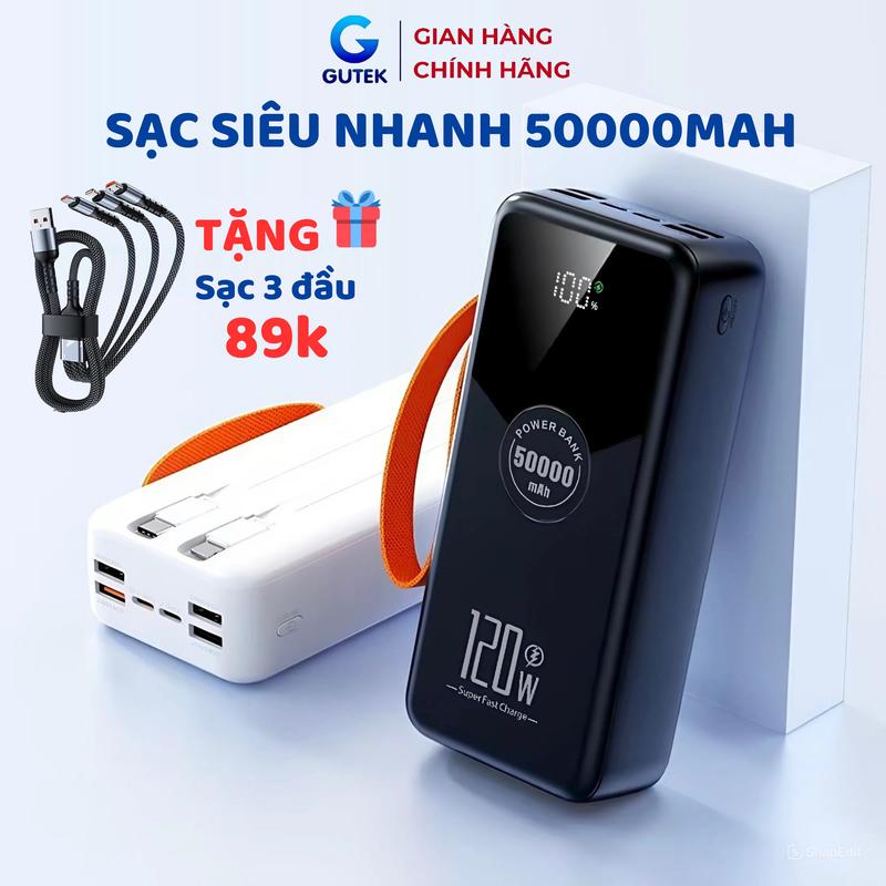 [Tặng sạc 3 đầu] Pin sạc dự phòng 50000mAh Gutek GT230, sạc nhanh 100W, tích hợp dây cáp cho điện thoại - Phụ Kiện
