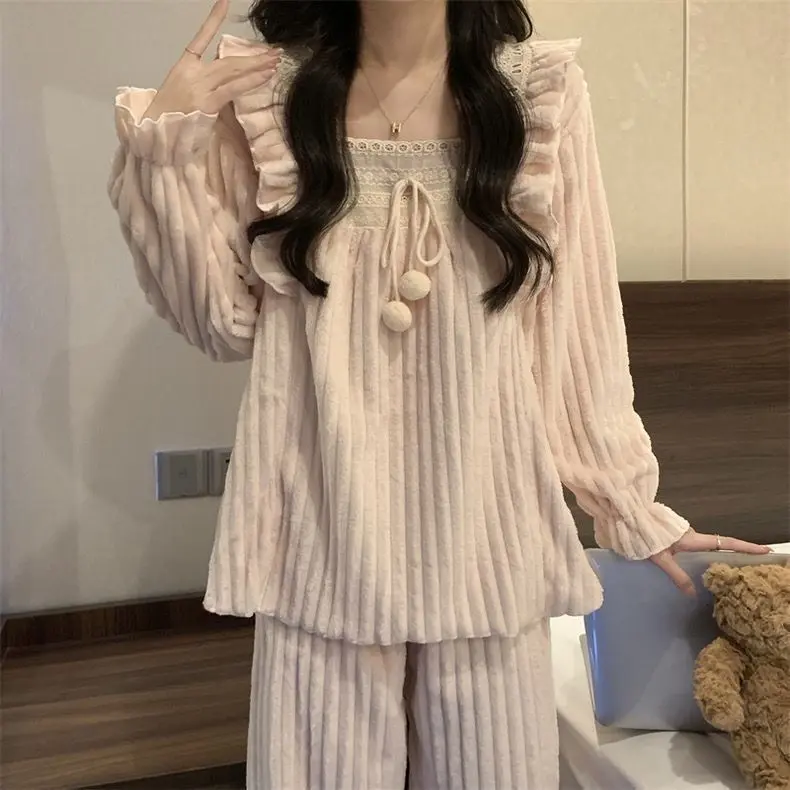 Bộ Đồ Ngủ vải nỉ Lông Cừu San Hô Phong Cách Công Chúa, Bộ Đồ Hai Mảnh Cho Nữ, Trang Phục Mùa Đông Mới, Đồ Mặc Ở Nhà Dày Dặn, Thích Hợp Cho Mùa Thu Và Mùa Đông