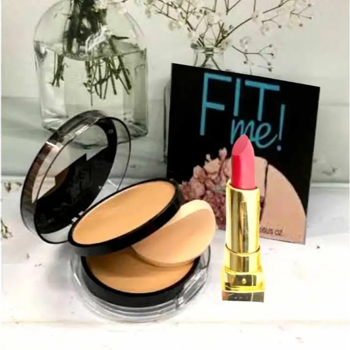 2 In 1 Bedak Padat Basah + Lipstik Batang / Paket 2 Item Bedak Padat Basah+Lipstik Bibir Kering Kosmetik Wajah