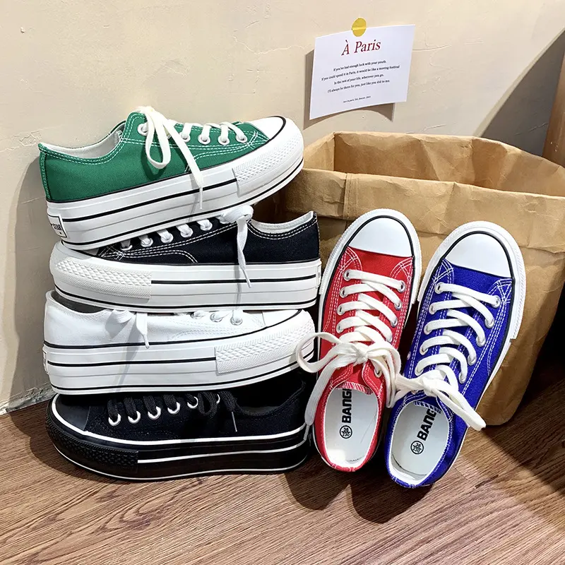 2024 Spring Treasure New Color Matching ~ Korean Ins All-Match Low Top Canvas Shoes Women's Thick Bottom Hight Increasing Board Shoes Tide