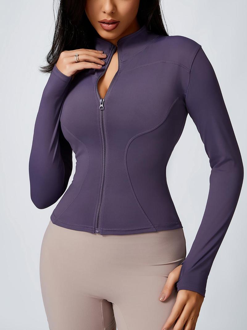 Product Introduction of Women's Thumb Holes Zip-up Long Sleeve Sports Jacket, Solid Color Stand Collar Sports Tops, Modest Fashion Slim Fit Yoga Outerwear Fits Tennis Pickleball, Workwear Gym Gear, Women's Sportswear Workout Autumn Winter Outfit, Back To School Fits 11