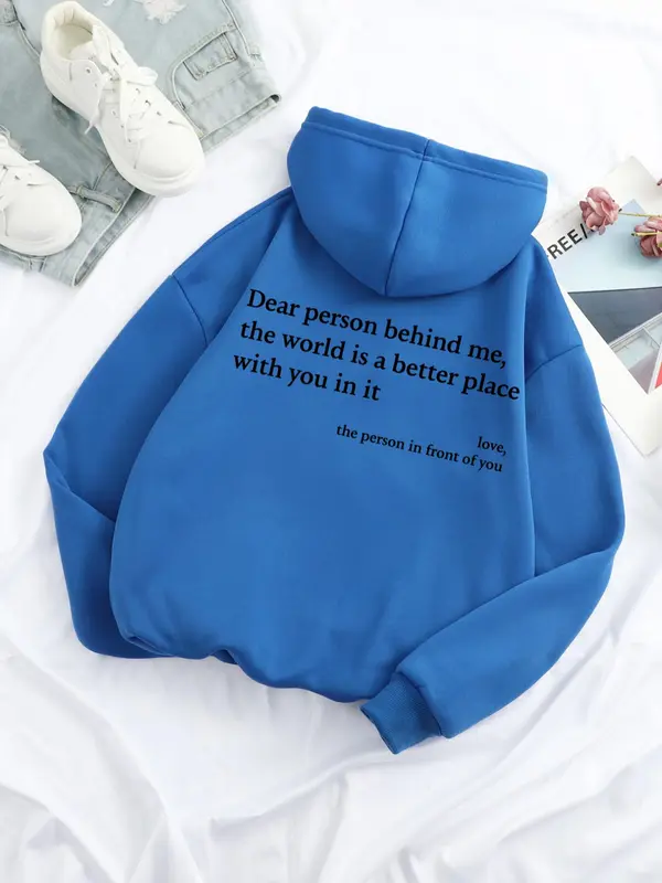 Women's Letter Print Drop Shoulder Drawstring Graphic Hoodie Hooded Sweatshirt, Trendy Long Sleeve Pullover Top, Thermal Lined Pocket Sweatshirts for Women, Fall Sweatshirts, Please Purchase A Size Up 1