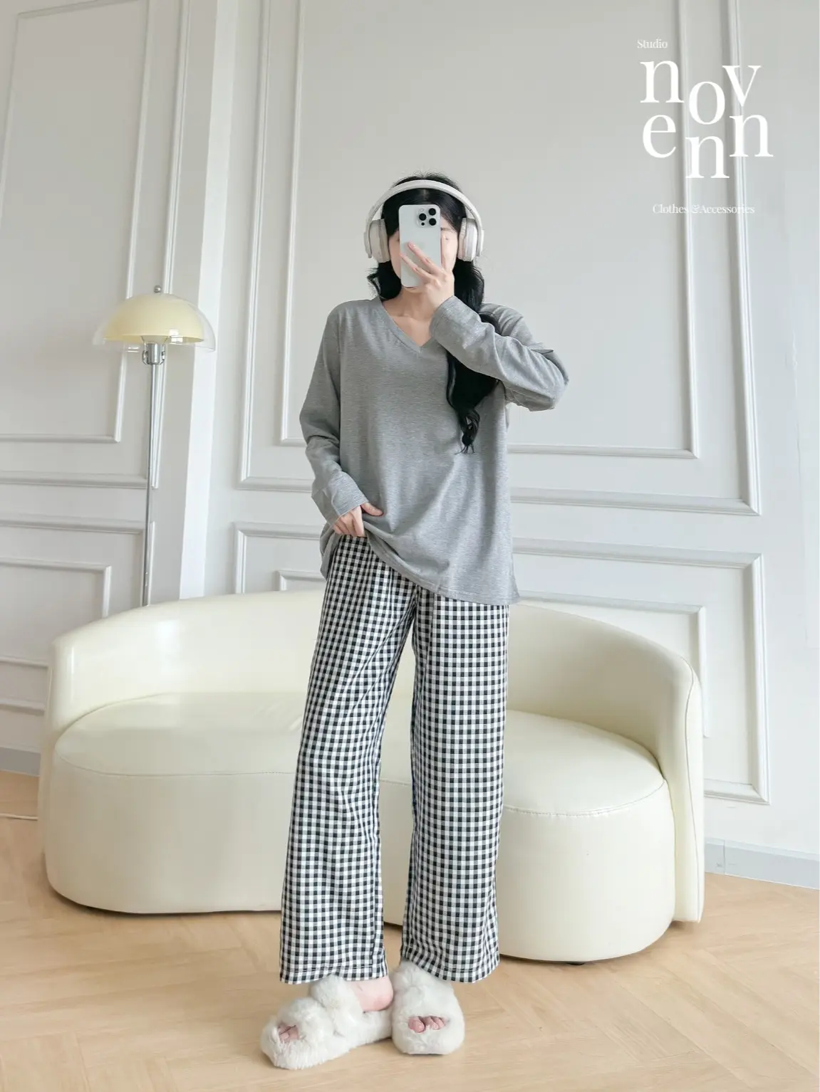 Set Đồ Bộ Dài Mùa Thu Áo Cổ Tim Xược - Quần Dài Suông Kate Form Rộng NEONVN - Đồ bộ nữ tay dài mùa thu mỏng nhẹ, mềm mại