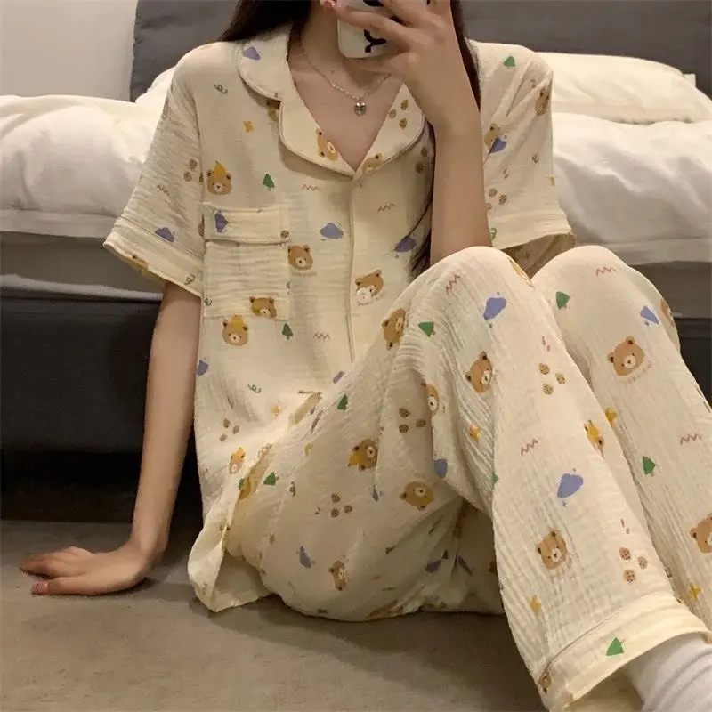 [40/58kg] Bộ pijama [Áo Cộc + Quần Dài ] Cổ Vét Chất Đũi Xốp mềm mịn thoáng mát  NHiều Hoạ tiết Có hoa Nữ Women Áo Ngủ Quần Ngủ Voi
