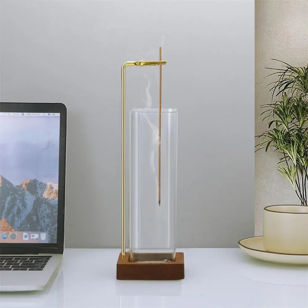 Wooden Incense Holder, 1 Count Glass Incense Burner with Wooden Base, Incense Holder for Sticks, Desktop Decor for Home Office Yoga