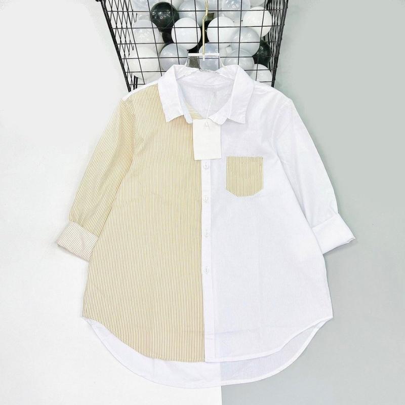 Áo sơ mi kẻ sọc dài tay, chất vải thô hàn cotton thoáng mát mềm mịn mã K1568 Top Women  hàn quốc 3