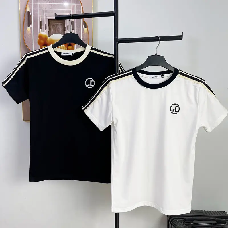 Áo thun nam nữ vải thun lạnh phối viền vai thêu logo LD màu đen trắng Menswear Top 0