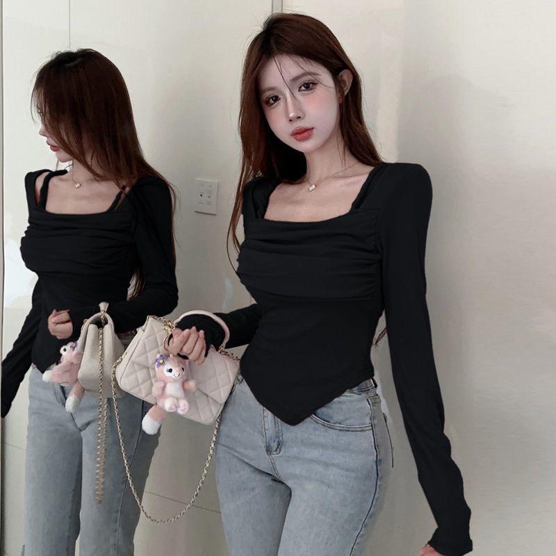 Áo thun body nữ dài tay cổ vuông dây đan vạt chéo hot hit vải nhuyễn tăm óng ánh, dễ mix đồ ôm dáng phong cách Hàn Quốc Top Sơ Mi Voi Shirt 6