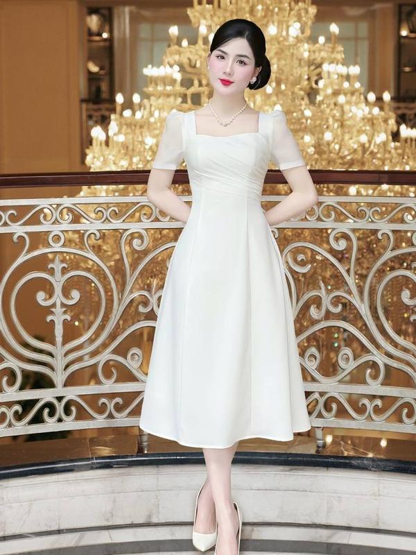   MIỄN SHIP  MDU4645 Váy Mango Ý Phối Tơ Hàn Cao Cấp - Thiết Kế Cổ Vuông Quyến Rũ Cùng Dáng Xòe Nhẹ Nhàng Dành Cho Nữ Women Dress Màu Trắng 