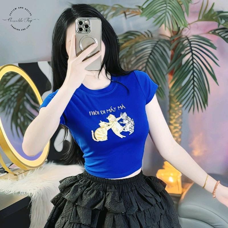 Áo Thun Croptop Thun Borip Form Basic Ôm Body In Hình Three Cat "Thôi Đi Mấy Má" Nữ Women Cổ Tròn Valentine 14/2 Dáng Ngắn 3
