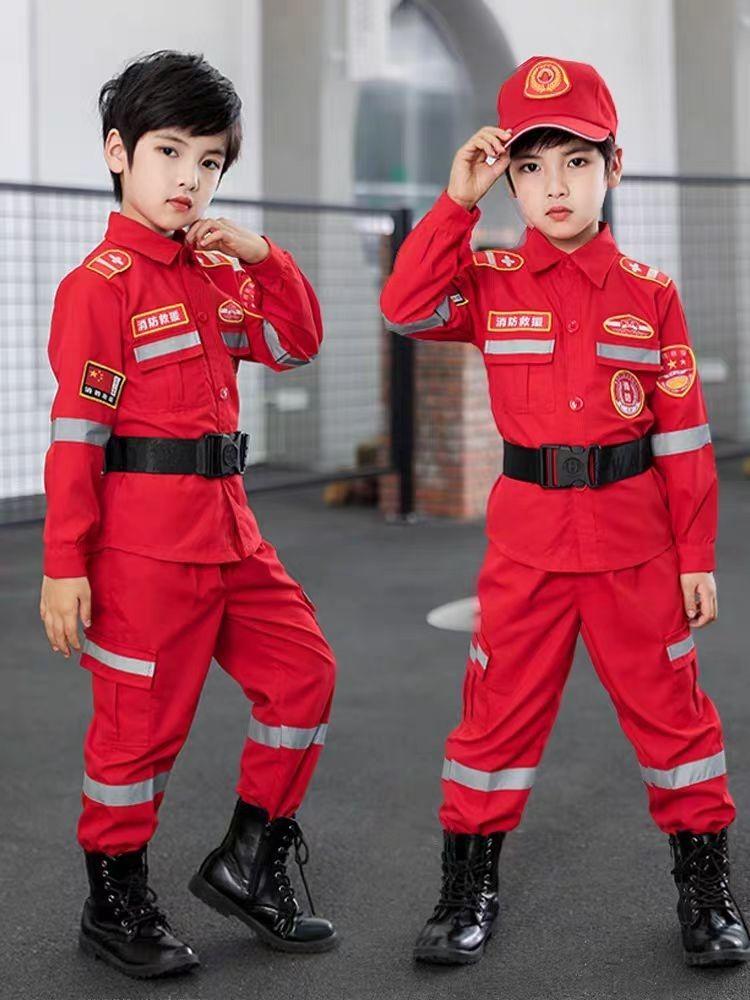 Product Introduction of Children's Fire Firefighter Costume Halloween Cosplay Costume Children's Business Suit 5