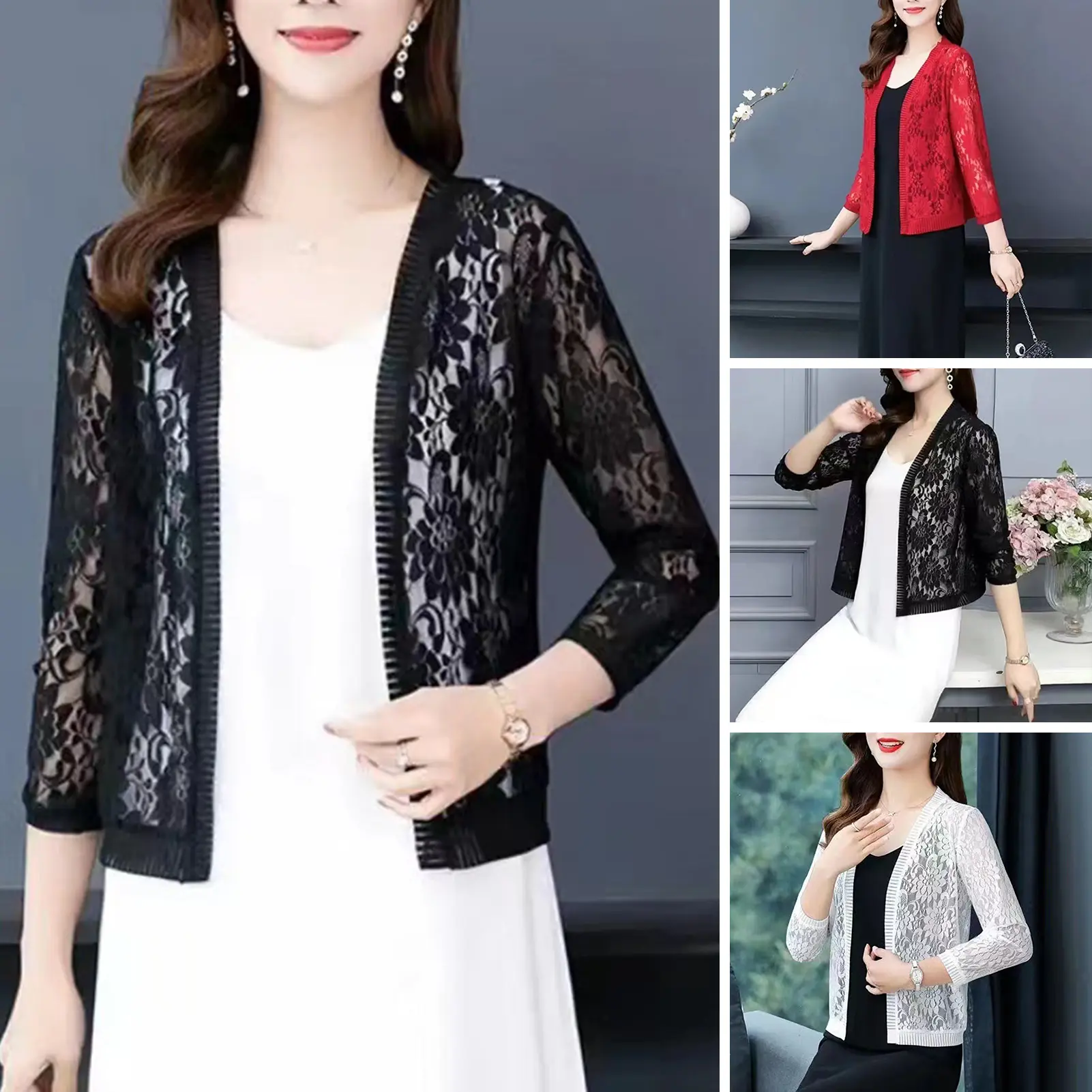 Áo Cardigan Ren, Dành Cho Nữ, Hở Trước, Tay Áo 3 / 4, Họa Tiết Hoa, Màu Trơn Xuyên thấu, Chống Nắng, Thoáng Khí, Thích Hợp Cho Mùa Hè, Áo Ngắn, Che Kín Đáo, Thời Trang Thời Trang Đường Phố, Dukewzx