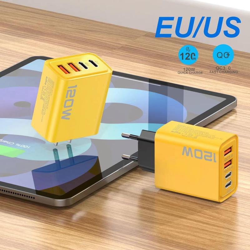 Bộ sạc sạc nhanh,  USB kép + Type-C kép, Sạc nhanh PD Nhiều Cổng, Tiêu chuẩn Hoa Kỳ và Châu Âu, Tương thích với các thiết bị đầu cuối sạc Phụ Kiện Phone 120W 2