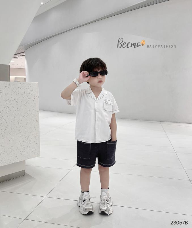 Set bộ sơ mi ( áo+quần ) Beemo cộc tay cổ ve may chỉ nổi chất liệu áo thô, quần da cá giả bò mềm mại mặc hè cho bé 1 - 7 tuổi 23057B Cotton