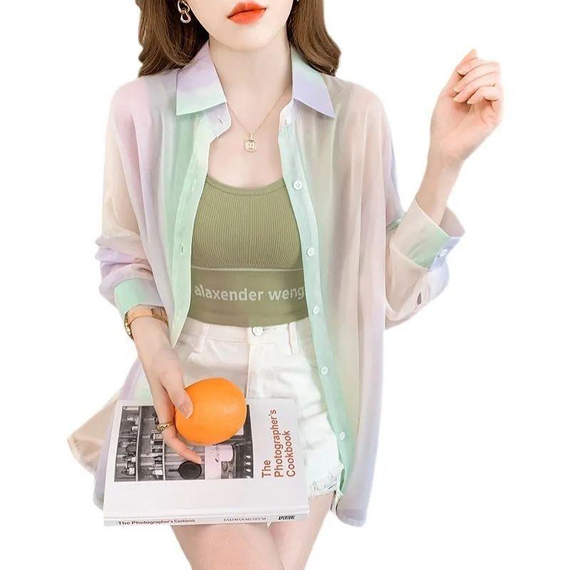 Product Introduction of Sun Protection Clothing for Women Summer 2024 New Thin Long Sleeve Rainbow Shirt Fashionable Western Style Outer Wear Light Cardigan Coat Womenswear Jackets Tops Lingerie 5