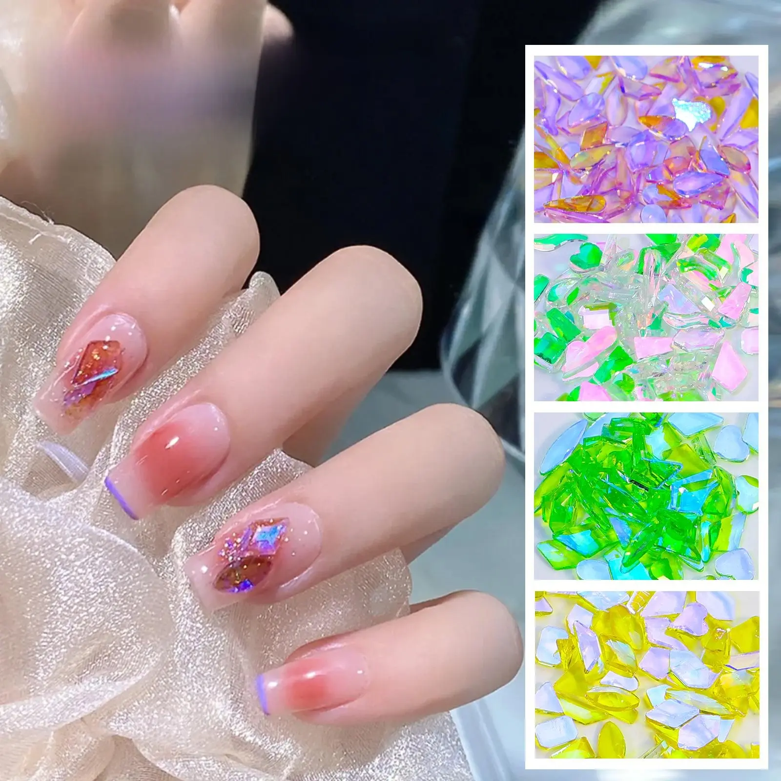New popular nail art rainbow aurora shaped diamond jewelry with versatile iridescent ice transparent nails and super sparkling diamond mixed design