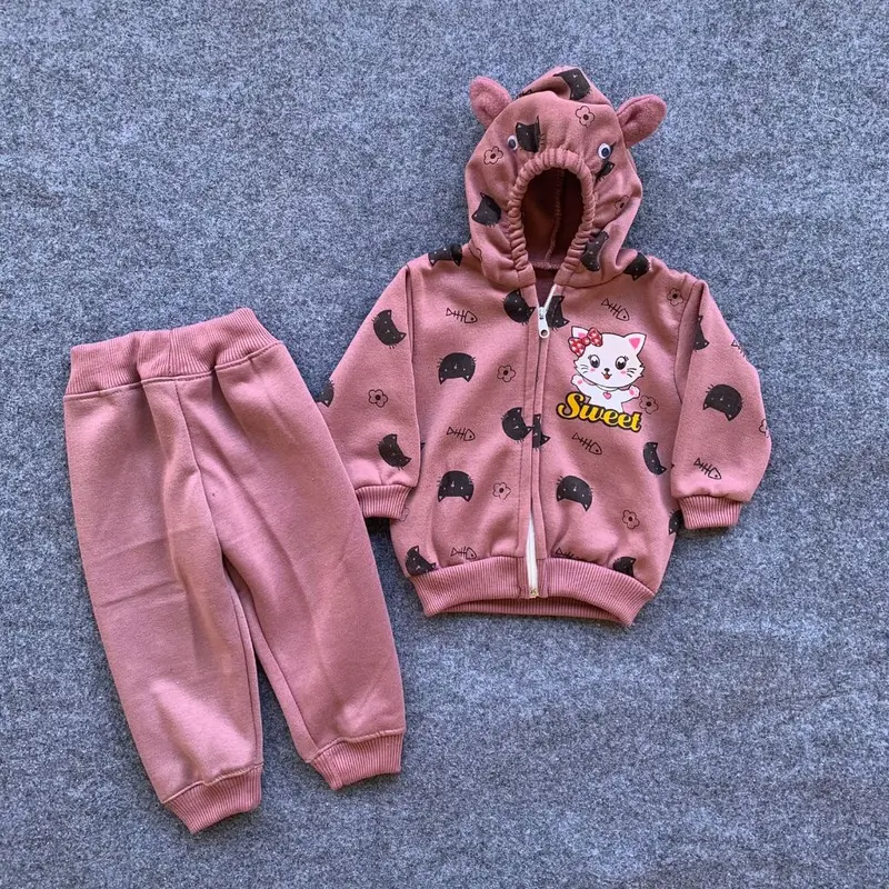 Setelan Jaket Hoodie Celana Bayi Anak Usia 0-1 Tahun Bahan Fleece Motif Sweet Cat Perempuan - Cream - Parsel, Fashion, Pakaian 5