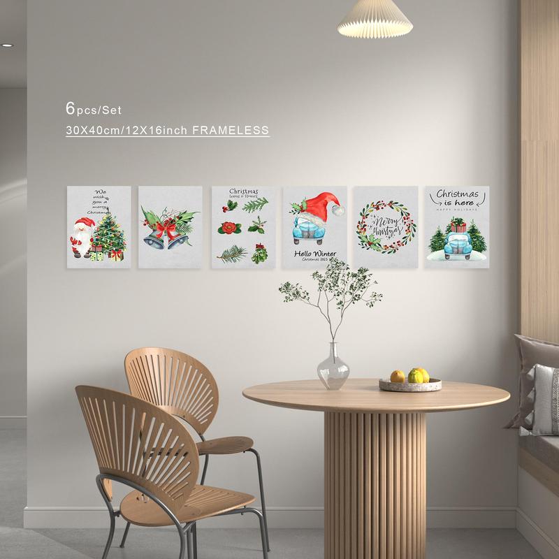 Product Introduction of Christmas Themed Frameless Painting, 6 Counts/set Cartoon Christmas Pattern Wall Art Poster, Wall Art Decor for Home Living Room Bedroom Office 4