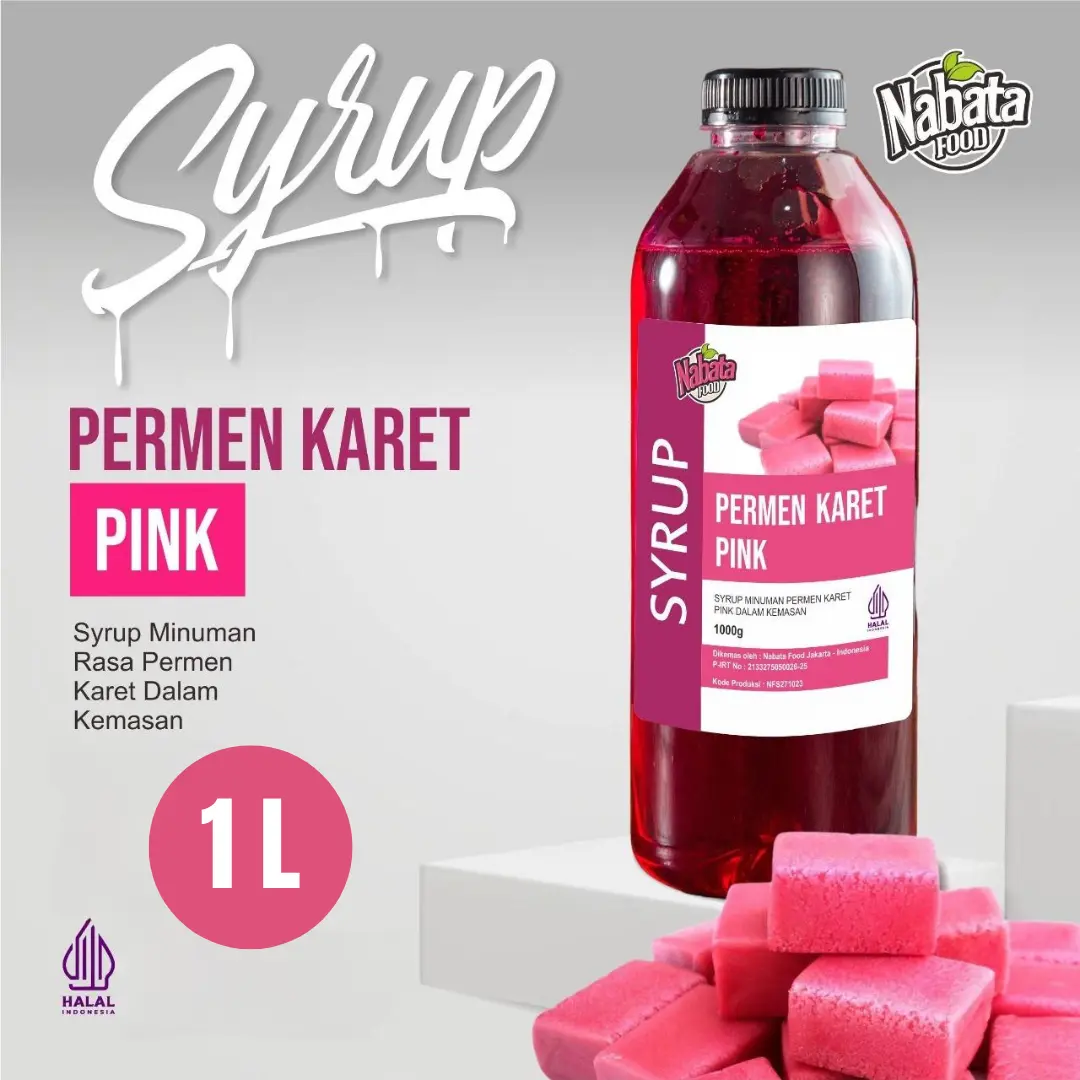 Nabata Food Sirup Permen Karet Pink 1Liter I Bubble Gum Syrup Botol