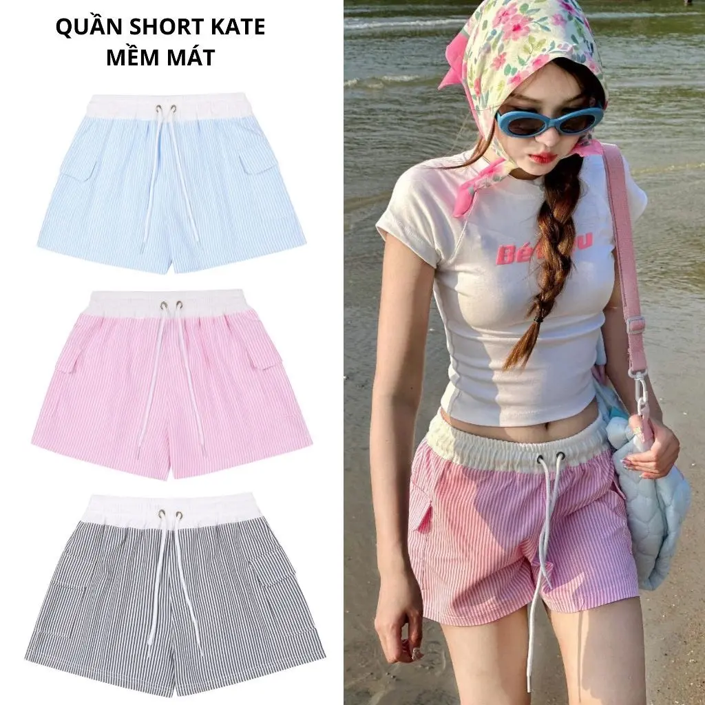 Quần đùi kate nữ kẻ sọc lưng chun dây rút, from cạp thấp nhiều màu