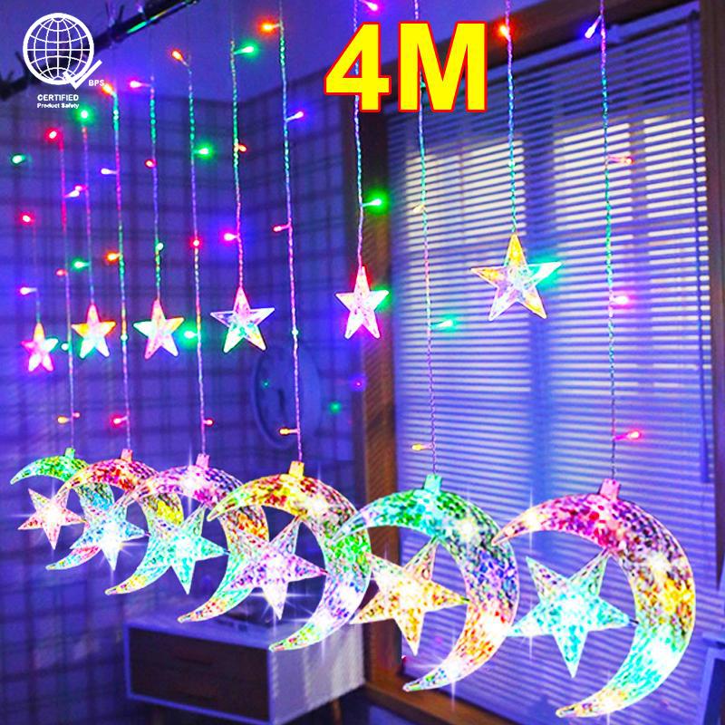 Dây Rèm Mặt Trăng Ngôi Sao, Dài 4M, 138LED, Đèn Cổ Tích 8 Chế Độ, Thích Hợp Cho Eid, Lễ Ramadan, Giáng Sinh, Đám Cưới, Tiệc Tùng, Nhà Cửa, Ngoài Trời, Sân Vườn