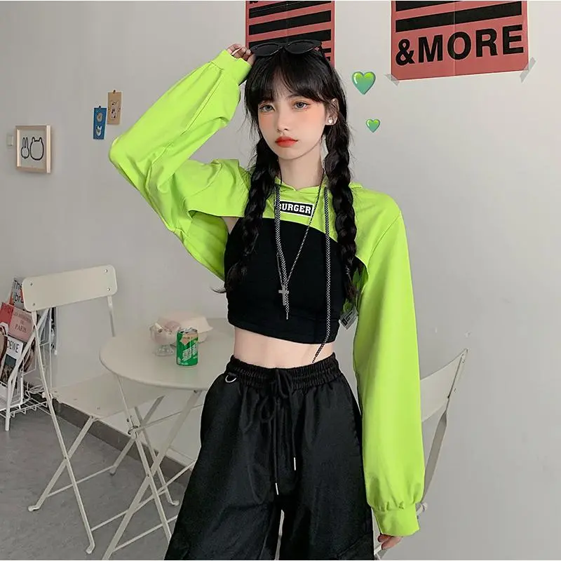 เสื้อสเวตเตอร์เอวสูง เสื้อสวมหัวผู้หญิง ทรงหลวม สไตล์เกาหลี เสื้อครอป แขนยาว แจ๊สฮิปฮอป ผ้าบาง มีฮู้ด เหมาะสำหรับฤดูใบไม้ร่วง