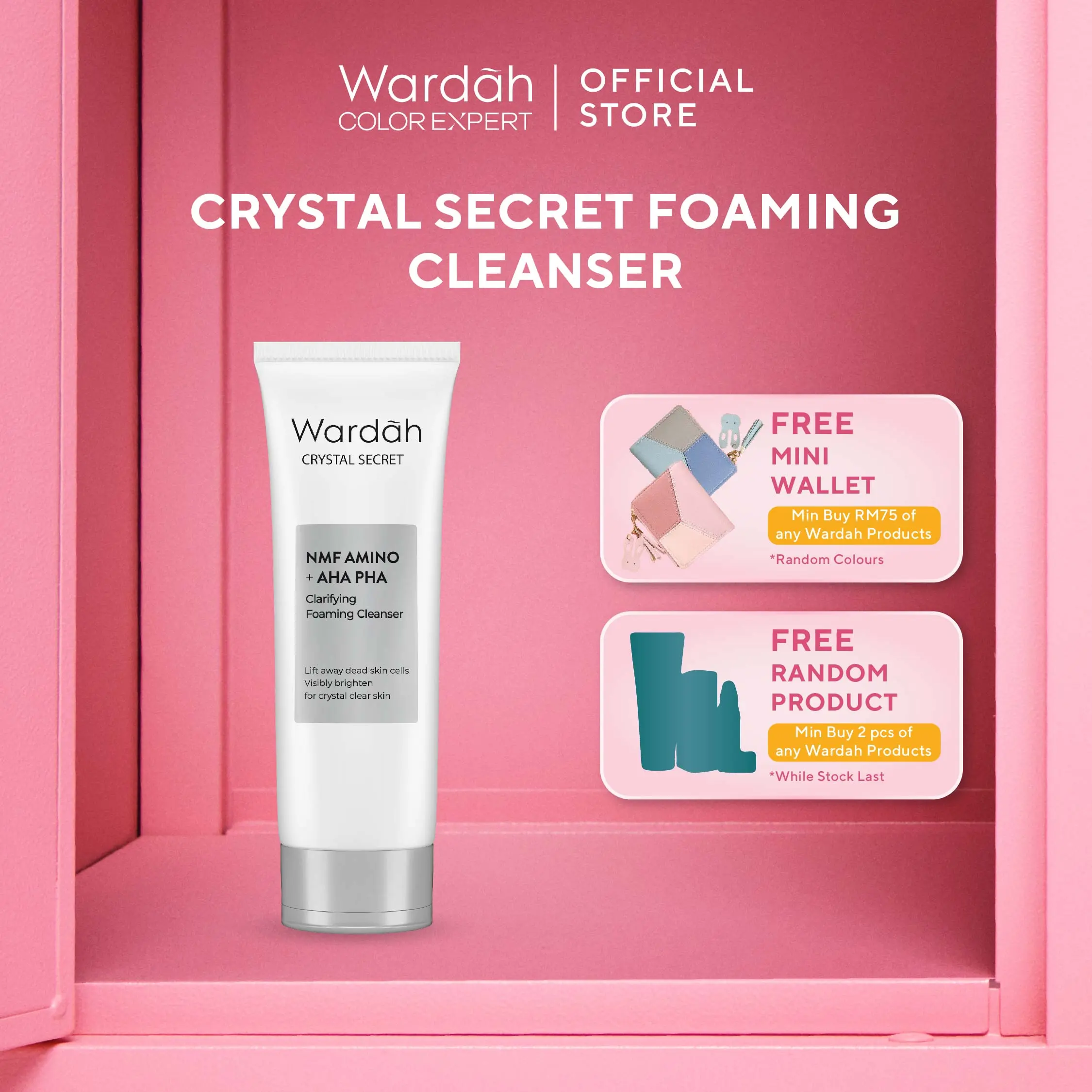Wardah Crystal Secret NMF Amino + AHA PHA Clarifying Foaming Cleanser 100 mL - Gentle Skin Face Wash, Brightens, Moisturizes, Skin pH Balance Formula, Lift Dead Skin Cells