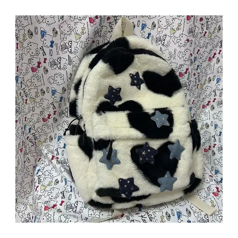 Tas ransel wanita import tas cewek sekolah kece Ransel Wanita Bintang Lima Milenial yang Menggemaskan dengan Desain Leopard Cocok untuk Mahasiswa Serba Guna Terbuat dari Bulu-Bulu Halus Gaya Niche dan Fleksibel Backpack tas ransel sekolah cewek QX152 4