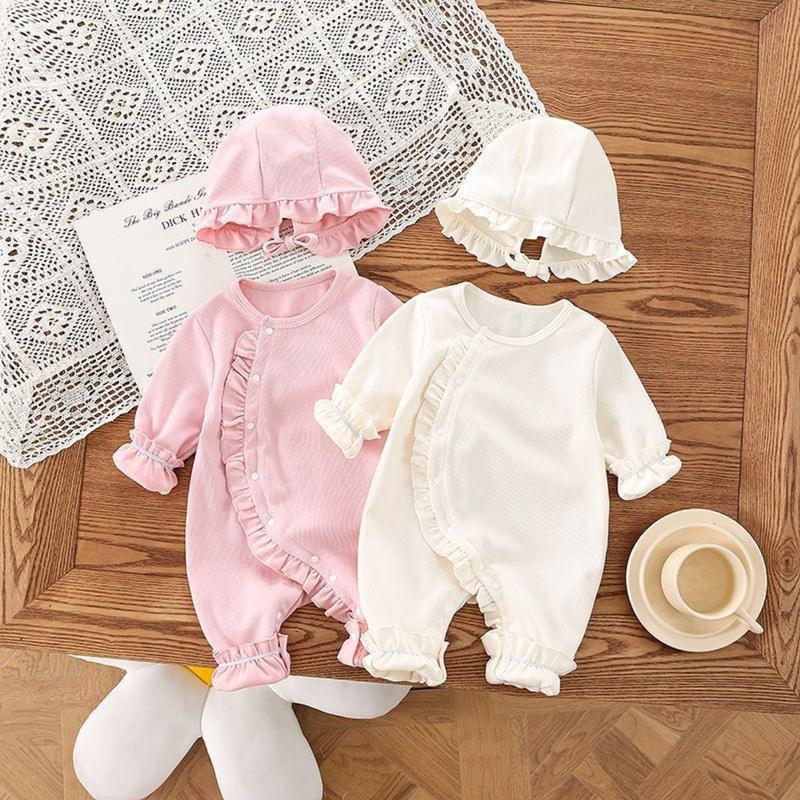 Áo liền quần KÈM MŨ Body dài tay thun cotton 4 chiều cho bé gái từ 0-12 tháng Jumpsuit Bodysuit liền thân SLT96