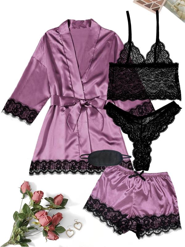 5 Counts Women's Contrast Lace Satin Pyjama Set, Casual Cami Top & Thong & Belted Wrap Lounge Robe & Bow Elastic Waist Shorts & Eye Mask Set, Pajama Sets Women, Lounge Sets, Women's Loungewear Set, Bedroom Pajamas for Married Women, Nightwear 1