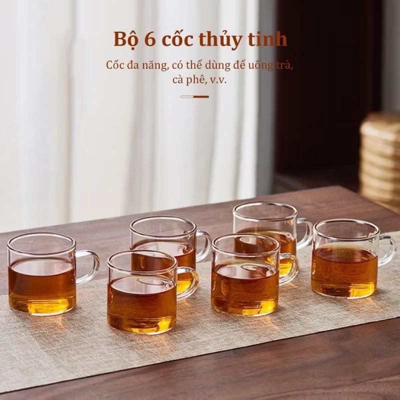 Bộ ly thủy tinh cà phê chịu nhiệt 100ml Bộ cốc trà thuỷ tinh có quai Bộ chén uống trà nhỏ Bộ ấm pha trà thuỷ tinh
