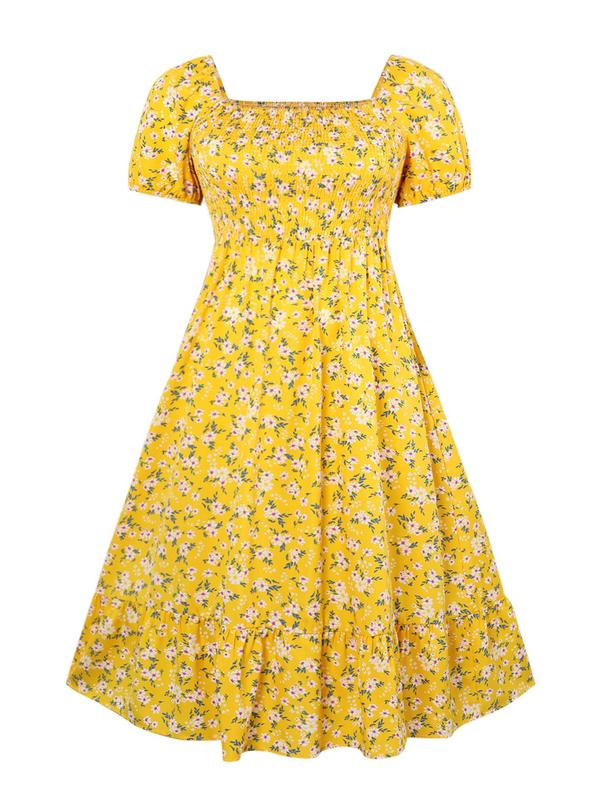 【Plus Size】Frenchy Style Ditsy Floral Print Puff Sleeve A Line Maxi Dress, Square Neck Shirred Dress, Dresses for Women, Dresses for Women, Women's Clothes for Summer, Summer Dresses, Womenswear 3