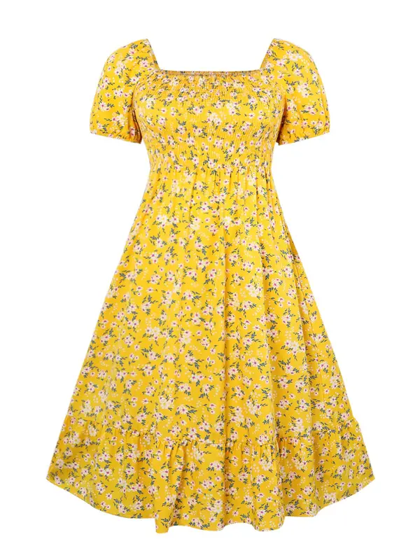 【Plus Size】Frenchy Style Ditsy Floral Print Puff Sleeve A Line Maxi Dress, Square Neck Shirred Dress, Dresses for Women, Dresses for Women, Women's Clothes for Summer, Summer Dresses, Womenswear 3