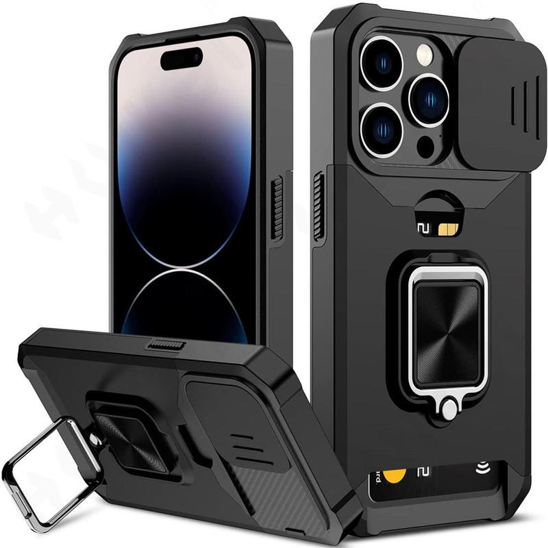 Shockproof Hard Phone Case with Stand & Card Slot, Anti-fall Phone Protective Cover Compatible with iPhone Series, National Day Offers 3