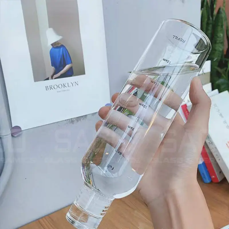 Bình Nước Thủy Tinh Chịu Nhiệt In Vạch Chia Vạch Giờ Cao Cấp 500ml , 750ml | Nắp Thủy Tinh 6