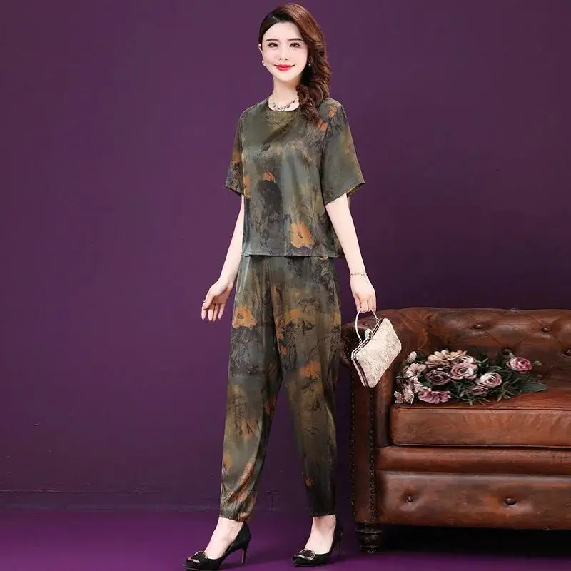 Bộ Đồ Quần Harem Nữ, Hàng Mới Về Mùa Hè, Sợi Xiangyun Giả, Chất Liệu Lụa Nặng Giả, Bộ Đồ Hai Mảnh Cho Mẹ TRUNG NIÊN 4