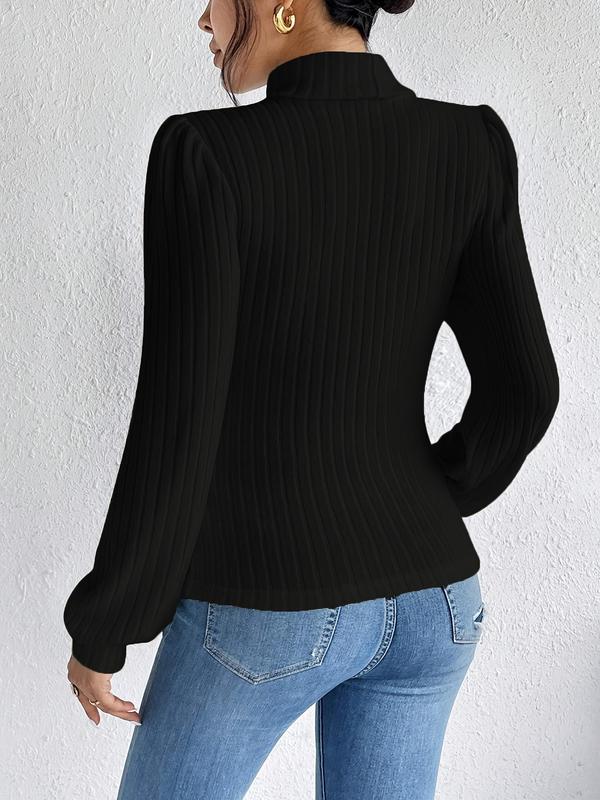 Women's Plain Bishop Sleeve High Neck Knit Top, Casual Long Sleeve Ribbed Knitwear for Fall & Winter, Women's Knit Clothing for Daily Wear 6