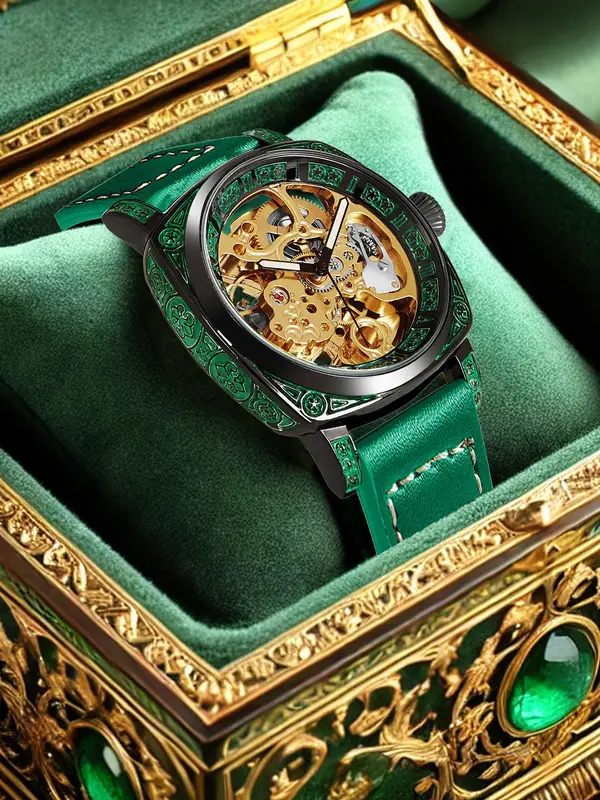 Men's Vintage Engraved Round Dial Mechanical Watch, Fashion Fully Automatic Watch for Party, Daily Decor, Trendy All-match & Exquisite Watch for Birthday Gift with Box 2
