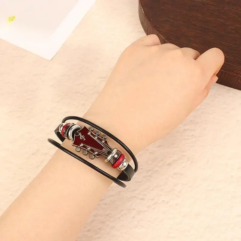Retro Leather Guitar Men'S Women'S Cuff Bracelet Musical Wristband For Men Women Music Enthusiast Gift