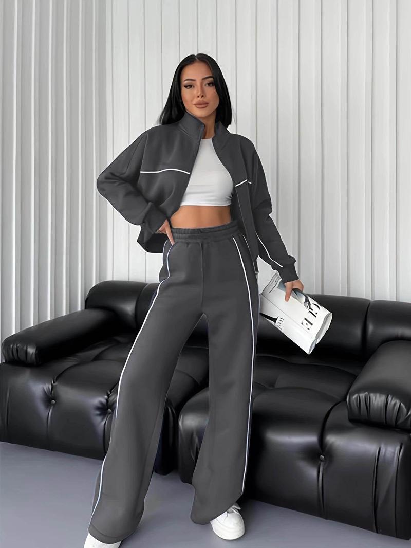 Product Introduction of Women's Striped Zip Up Jacket & Drawstring Waist Pants Two-piece Set, Casual Fashion Drop Shoulder Long Sleeve Outerwear & Trousers for Daily Wear, Women's Clothing for Fall & Winter 3