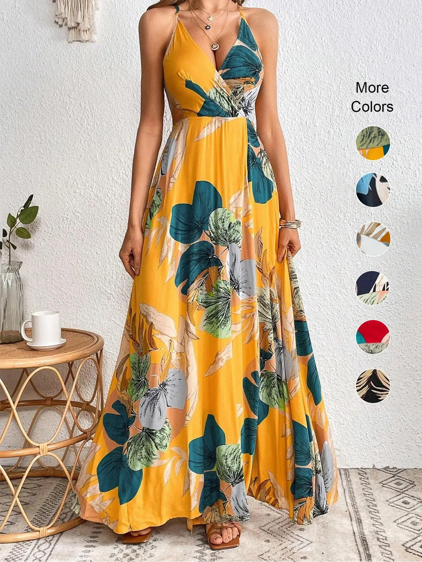 Women's Floral Print Backless Split Thigh Wrap Dress, Summer Clothes Women, Boho Sleeveless Deep V Neck Long Dress for Beach Holiday Vacation, Sundress, Slip Dress